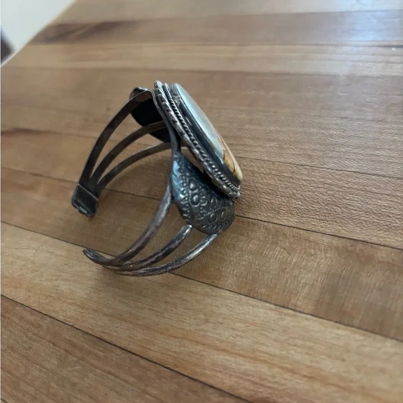 Vintage Sterling Silver Picture Jasper Large Stone Landscape Rope Cuff Bracelet - Picture 4 of 8